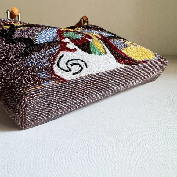 Vintage Fully Beaded Colourful Geisha Themed Bamboo Handle Purse - Picture 4 of 10